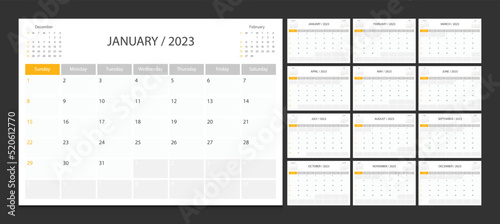 Calendar 2023 week start Sunday corporate design planner template.