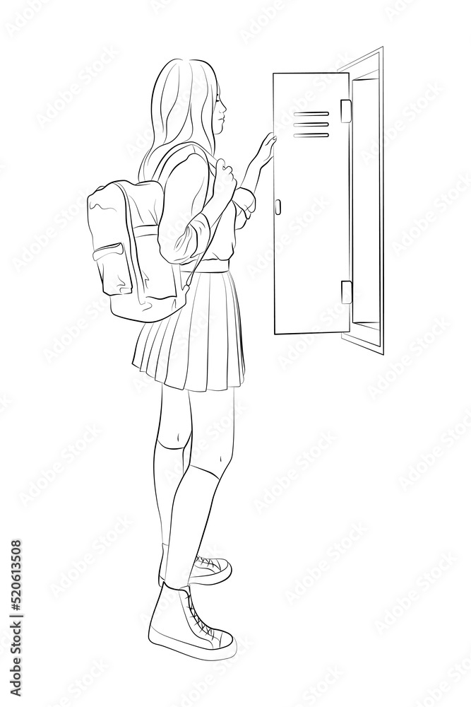 Vector illustration of a teenage girl opening her school locker. Schoolgirl in student uniform: shirt, jacket, tie, pleated skirt, stockings, sneakers. Vector illustration of a teenage girl opening her school locker. Schoolgirl in student uniform: shirt, jacket, tie, pleated skirt, stockings, sneakers.