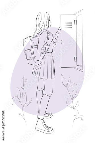 Vector illustration of a teenage girl opening her school locker. Schoolgirl in student uniform: shirt, jacket, tie, pleated skirt, stockings, sneakers. Abstract elements and floral ornaments
