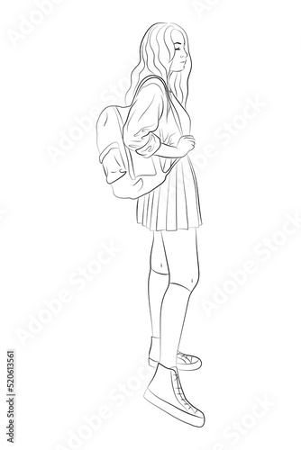 Vector illustration of a teenage girl with a backpack. Schoolgirl in student uniform: shirt, jacket, tie, pleated skirt, stockings, sneakers.