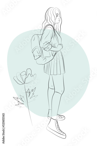 Vector illustration of a teenage girl with a backpack. Schoolgirl in student uniform: shirt, jacket, tie, pleated skirt, stockings, sneakers.  Abstract elements, floral ornaments