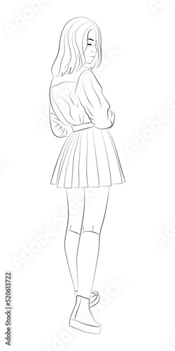 Vector illustration of a teenage girl. Schoolgirl in student uniform: shirt, pleated skirt, stockings, sneakers.