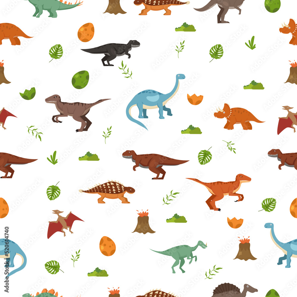 Naklejka premium pattern with dinosaurs and tropical leaves, textile, nursery wallpaper. Cute dino design. Vector illustration