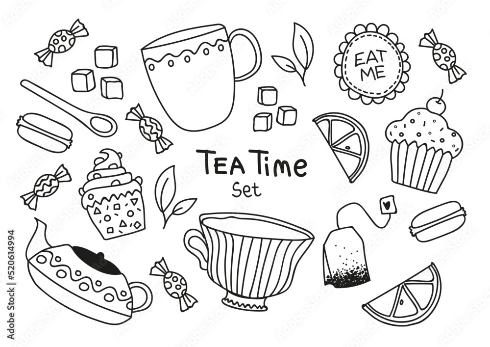 Tea time set black line vector. Mug, sweets, cupcake, lemon, tea bag.Ideal for packaging, gift decoration, children's art, coloring book, wallpaper