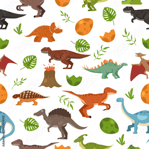Fototapeta Naklejka Na Ścianę i Meble -  pattern with dinosaurs and tropical leaves, textile, nursery wallpaper. Cute dino design. Vector illustration