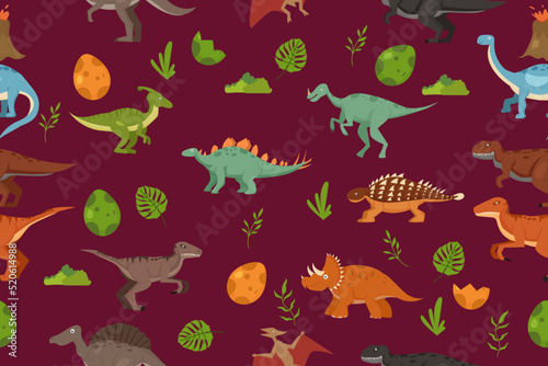 pattern with dinosaurs and tropical leaves, textile, nursery wallpaper. Cute dino design. Vector illustration © Background_GG