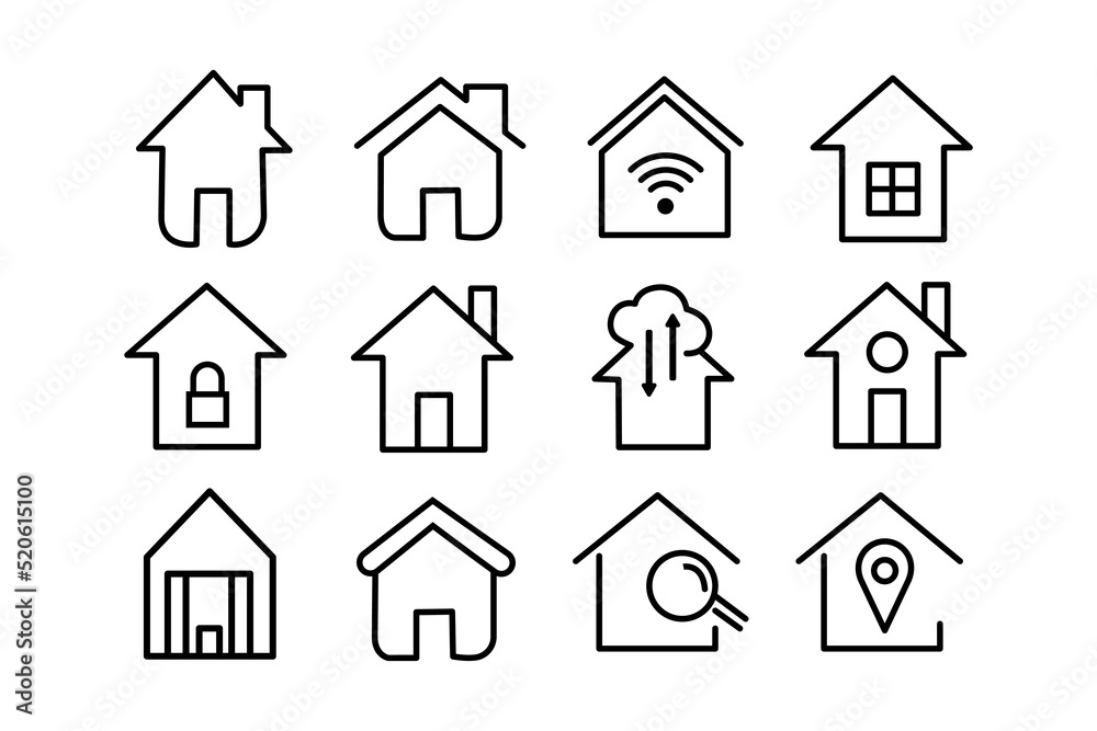 Set of home icon, Thin outline shape of house vector. Set of home icon, Thin outline shape of house vector.