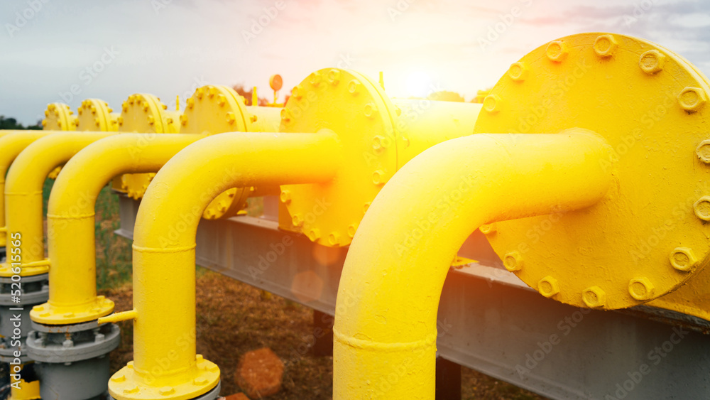 Gas pipeline oil industry. Yellow gas pipe power technology. Fuel energy equipment. Gas industry, oil transport system.