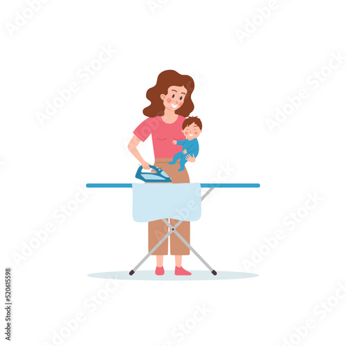 Happy woman holds baby boy and irons clothes, flat vector illustration isolated on white background.