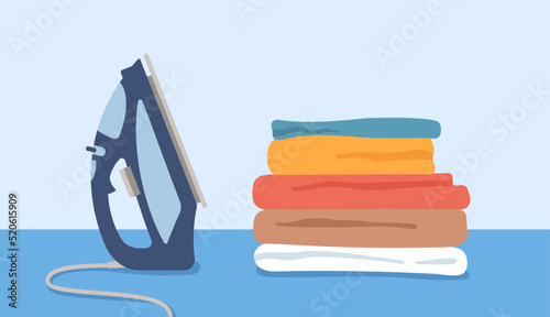 Flatiron and pile of clean clothes after laundry, flat vector illustration.