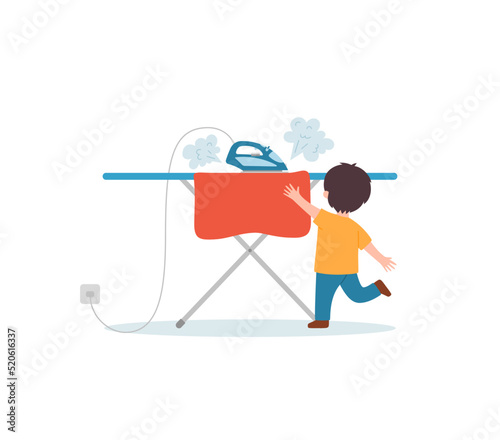 Curious child runs to touch hot iron, flat vector illustration isolated on white background.