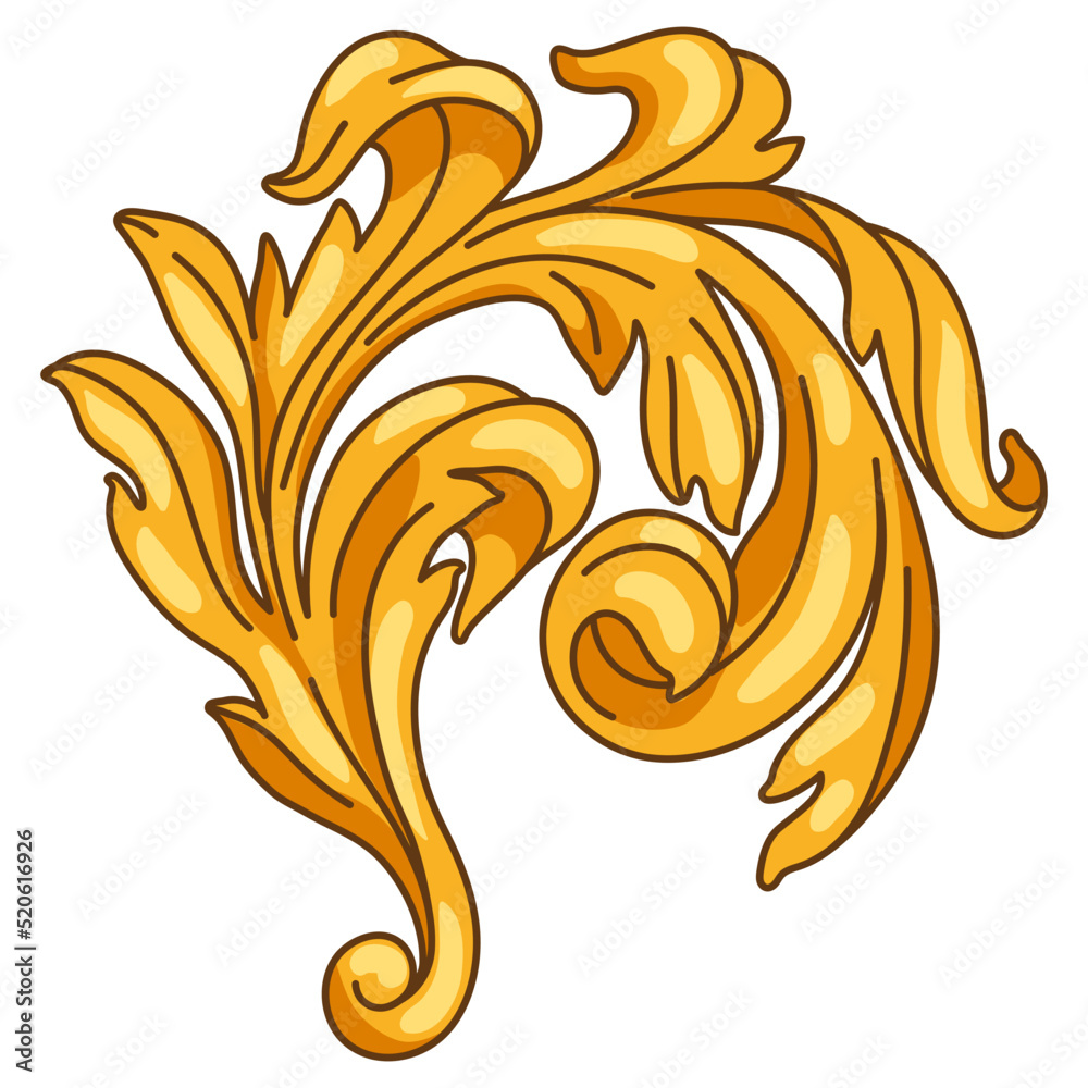 Decorative floral element in baroque style. Golden curling plant.