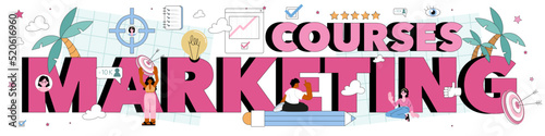 Marketing course typographic header. Product launching and promotion.