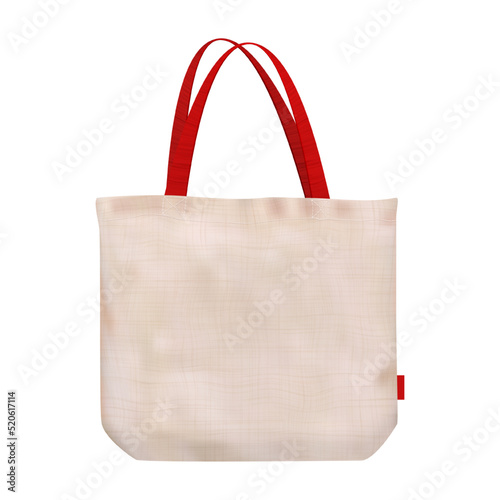 Blank mockup of cotton tote bag with cloth texture isolated from background. Eco friendly shopper. Zero waste illustration. Vector advertising template. Fabric shopping sack. Totebag with red handles