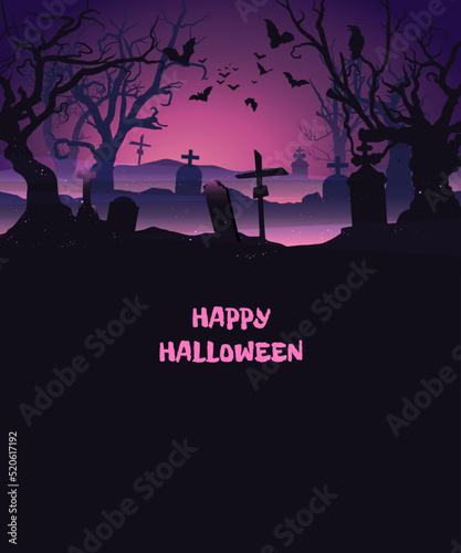 Halloween nightmare landscape. Cartoon spooky halloween cemetery landscape background, old tombstones bats and scary tree, misty forest