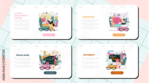 Physics school subject web banner or landing page set. Students explore