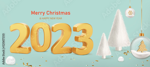 Happy New Year 2023. Numbers 2023 with fur balls and white fur Christmas trees on blue background. Trendy Xmas background with glass balls, glitter golden confetti. Realistic vector illustration