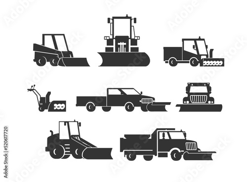 Snow plow trucks and machines monochrome black icons, flat vector illustration isolated on white background.