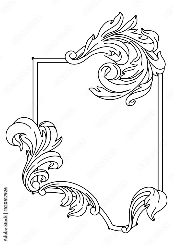 Fototapeta premium Decorative floral frame in baroque style. Engraved black curling plant.