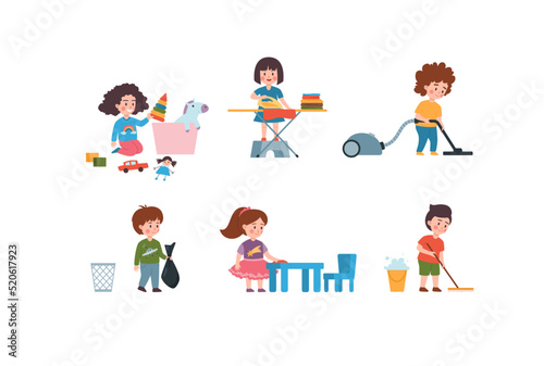 Children do various chores around the house, flat vector illustration isolated. © sabelskaya