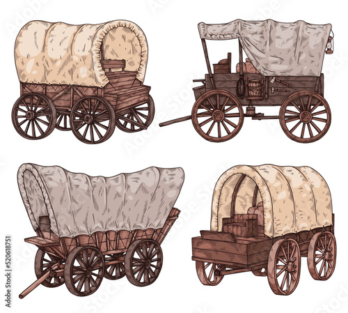 Old horse carriages or carts collection, sketch vector illustration isolated.