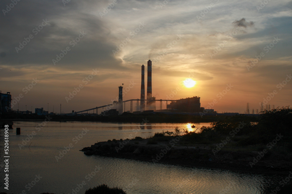Beautiful Evening view of sunset near industrial area