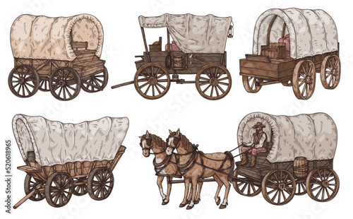 Cart vehicle with horses in western style, colored sketch vector illustration isolated on white background.
