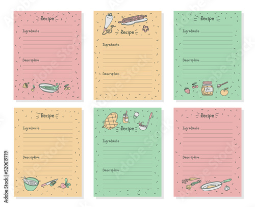 Recipe culinary book pages with blank lined place for notes, vector illustration.