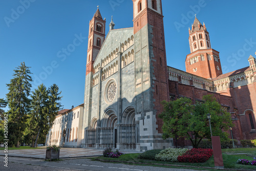Vercelli city, Italy. Abbey or basilica of Sant'Andrea, XIII century, street Francigena. Stage of the famous Via Francigena; ancient pilgrim route running from England to Rome and Puglia photo