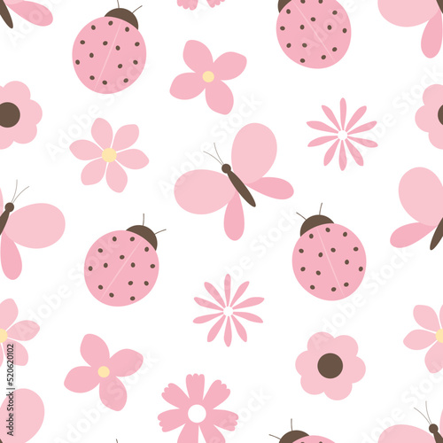 Seamless pattern ladybug butterflies flowers vector illustration