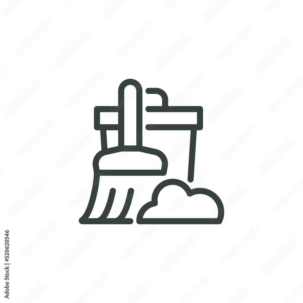 Thin Outline Icon Broom, Besom Near a Pile of Garbage and Trash Can, Rubbish Bin. Such Line sign as Cleaning Garbage, Cleanup, Sweeping. Vector Computer Pictograms White Background Editable Stroke. Thin Outline Icon Broom, Besom Near a Pile of Garbage and Trash Can, Rubbish Bin. Such Line sign as Cleaning Garbage, Cleanup, Sweeping. Vector Computer Pictograms White Background Editable Stroke.