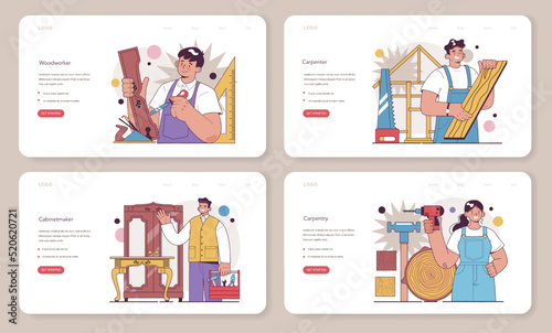 Carpenter web banner or landing page set. Wooden furniture