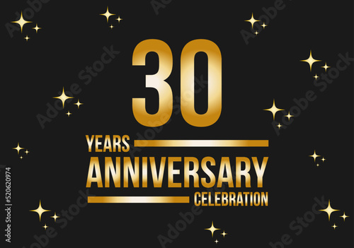 30 years anniversary celebration logo. Gold vector on black background with glitter.