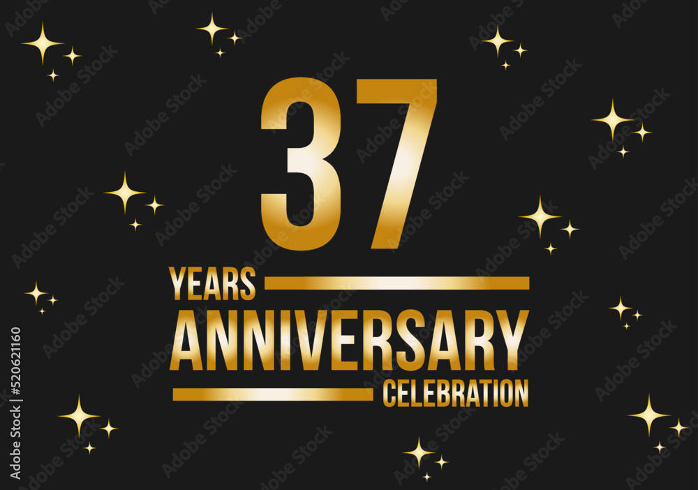 37 years anniversary celebration logo. Gold vector on black background with glitter.