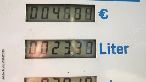 Close-up detail view of fuel pump digital display showing high rising super and diesel gasoline petrol price at gas refueling station in EU country. Energy cost raised expenses due war crisis Europe