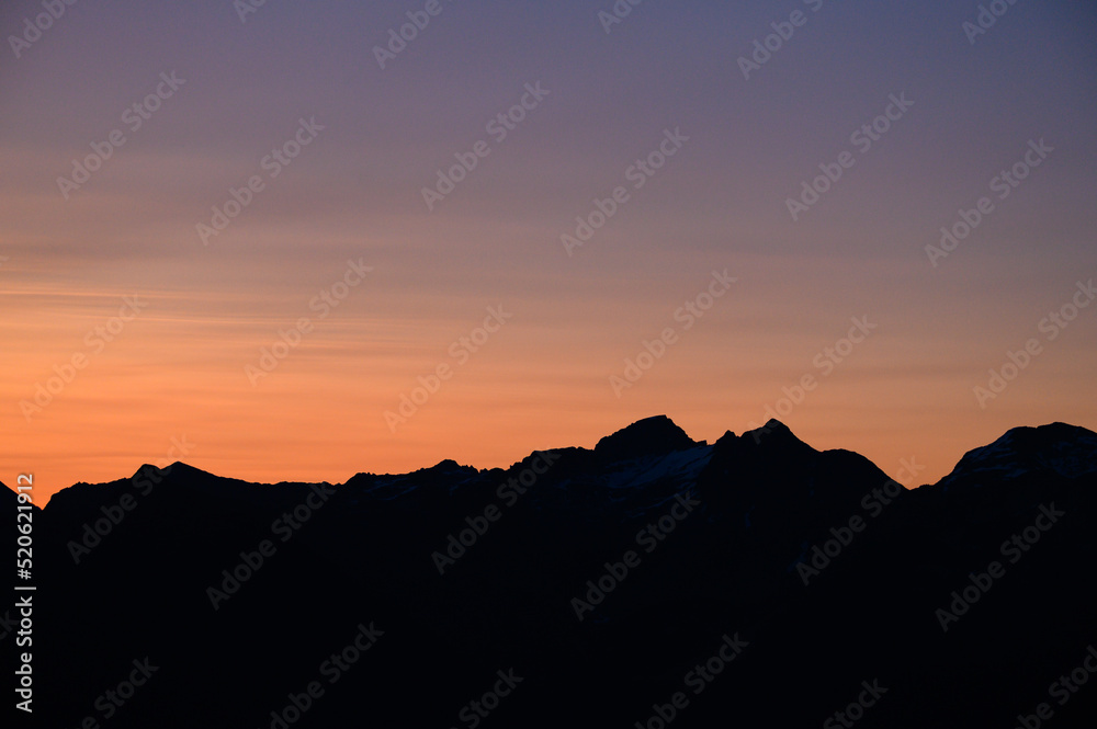 Silhouetted Mountain Horizon Line At Sunrise Sunset