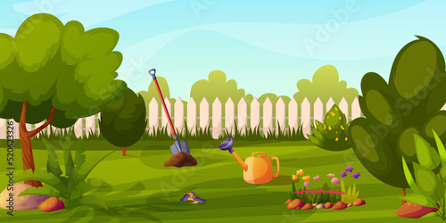 Summer backyard garden with blooming bushes  shovel  watering can  flowers  fence  flower bed  equipment  grass  park plants  green trees. Flowerbed with stones  blossoms. Vector illustration