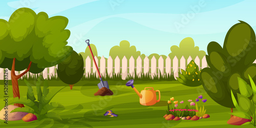Summer backyard garden with blooming bushes, shovel, watering can, flowers, fence, flower bed, equipment, grass, park plants, green trees. Flowerbed with stones, blossoms. Vector illustration