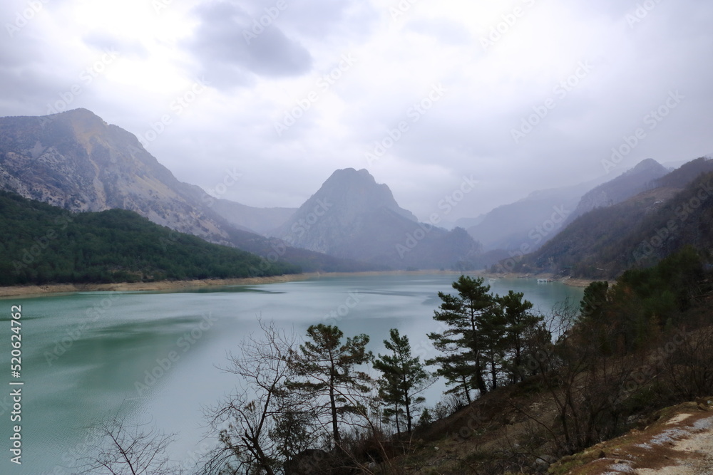 Green Canyon lake in Turkey. Mountain river. Mountain view on a cloudy day
