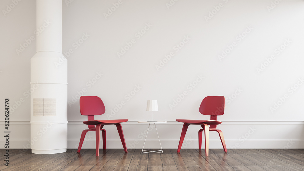 Fototapeta premium Red chair in the white room and fireplace - 3D rendering