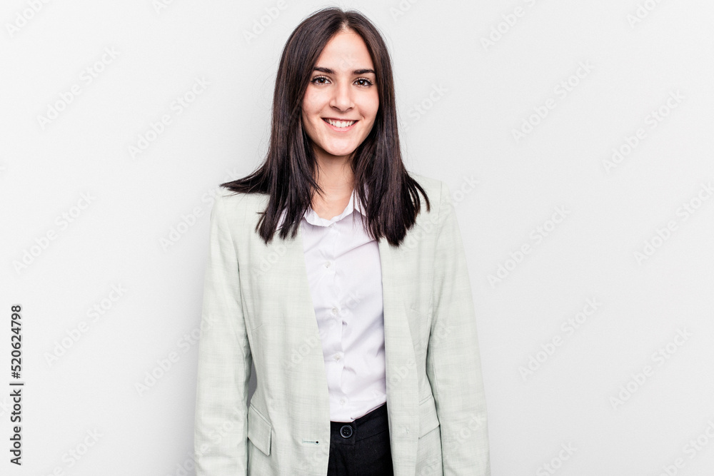Young business caucasian woman isolated on white background happy, smiling and cheerful. Young business caucasian woman isolated on white background happy, smiling and cheerful.