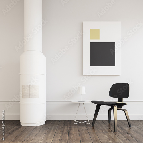 Black chair in the white room and fireplace - 3D rendering