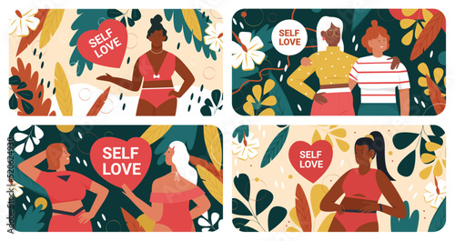 Self love, body positive acceptance and confidence healthy concept vector illustration set. Cartoon beautiful female characters hug, care and help each other, mental health and feminism background