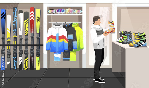 Winter sport equipment shop for skier, store interior. Rent of mountain skiing, snowboarding equipment. Elements for ski resort, mountain activities. Winter activities boutique. Vector illustration