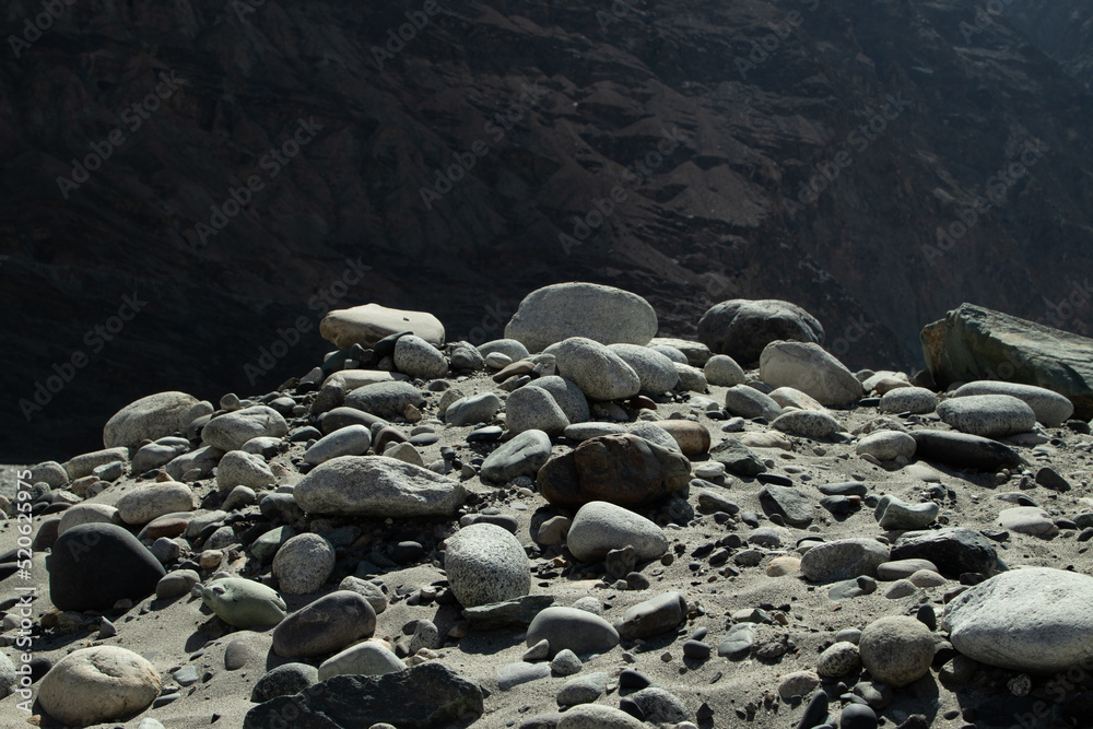 Fototapeta premium Various Types Of Rock Stones Piled Up In front Of Rocky Mount Everest The Gigantic Himalaya Mountain Range In Ladakh And Leh, India