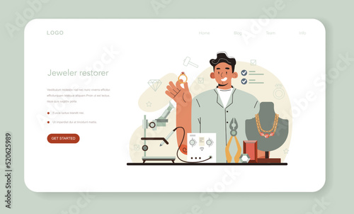 Restorer web banner or landing page. Artist restores a jewelry,