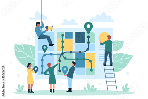 GPS navigation, geolocation system and local search. Cartoon tiny people orienteering on place to find route, road or address on city map flat vector illustration. Travel, location app concept
