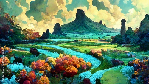 Peaceful and romantic landscape in anime or colored manga artstyle depicting panoramic view on nature and weather