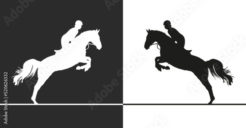 Horse jumping. Black and white silhouette vector images rider on jumping horse