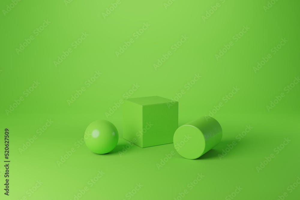 Geometric shapes in green color. 3d rendering scene with simple geometric elements. Abstract monochrome product podium background Geometric shapes in green color. 3d rendering scene with simple geometric elements. Abstract monochrome product podium background